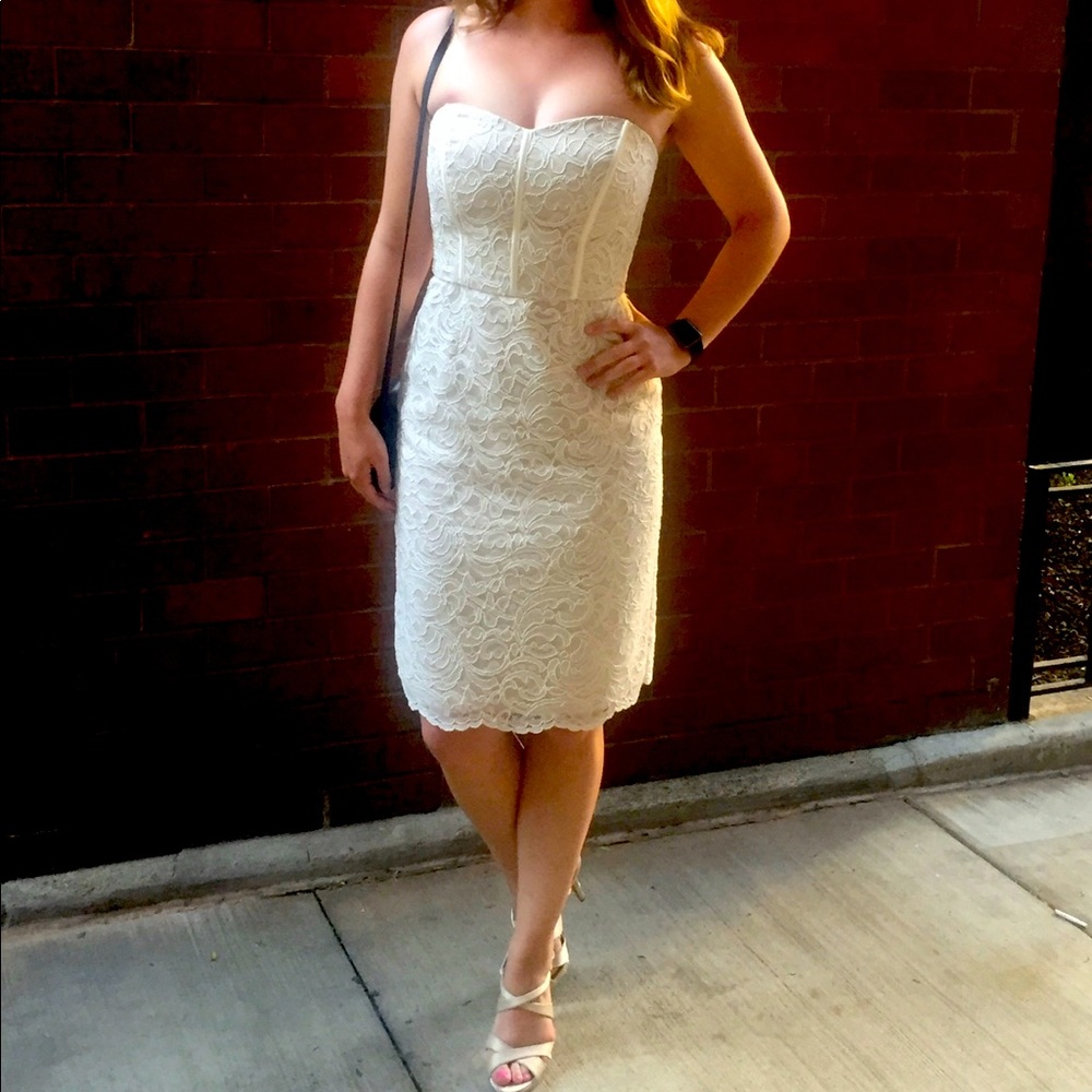 Dessy Collection Vivian Diamond Cream Nude Lace Strap… - Gem